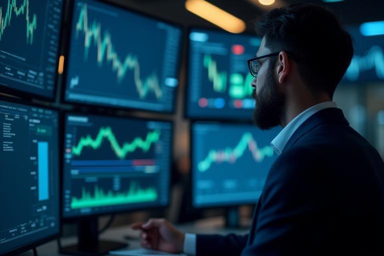 Finančni analitik pred zasloni z grafi